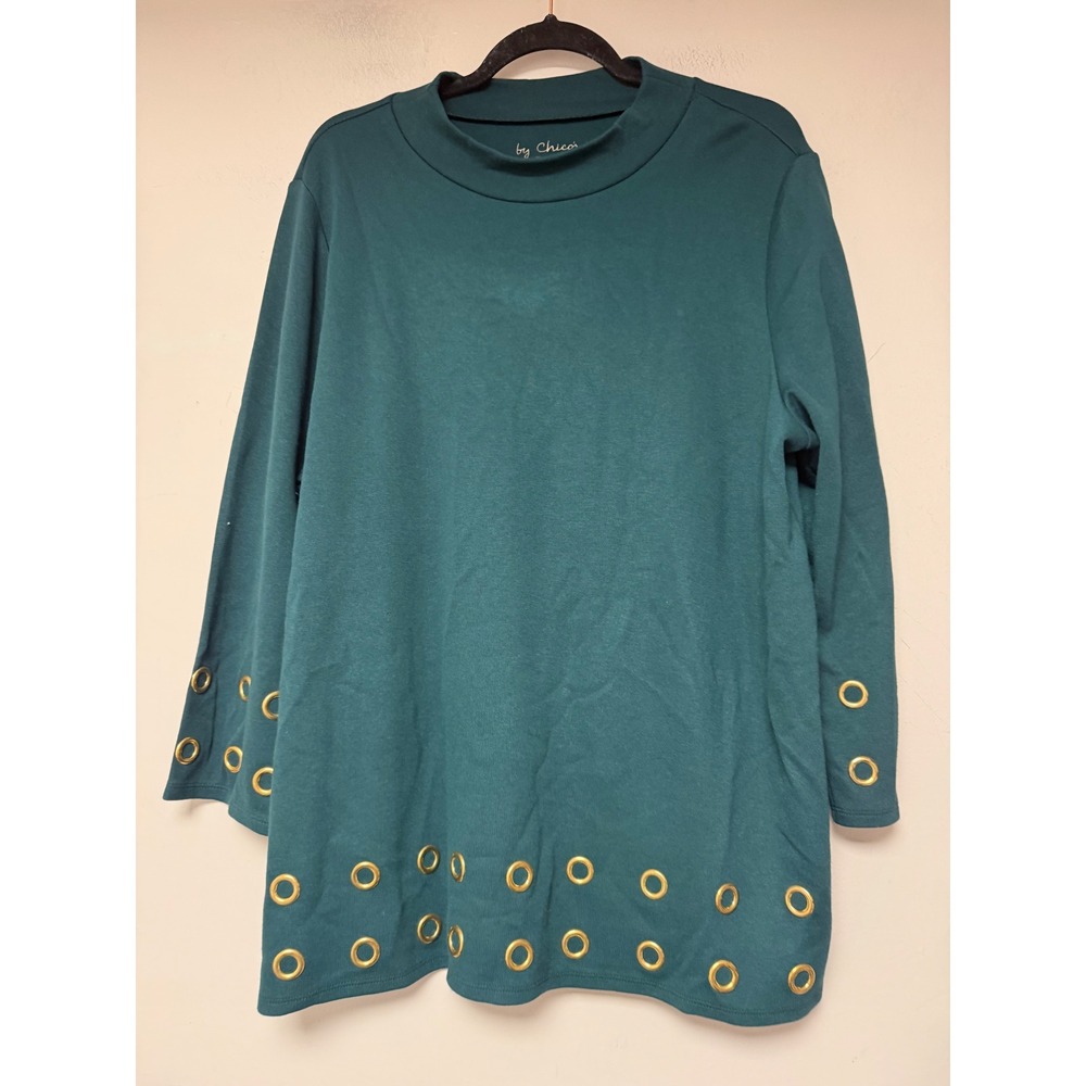 Chico's Tunic Women Size 3 Teal Green Excellent Mock Neck Gold Grommet 3/4